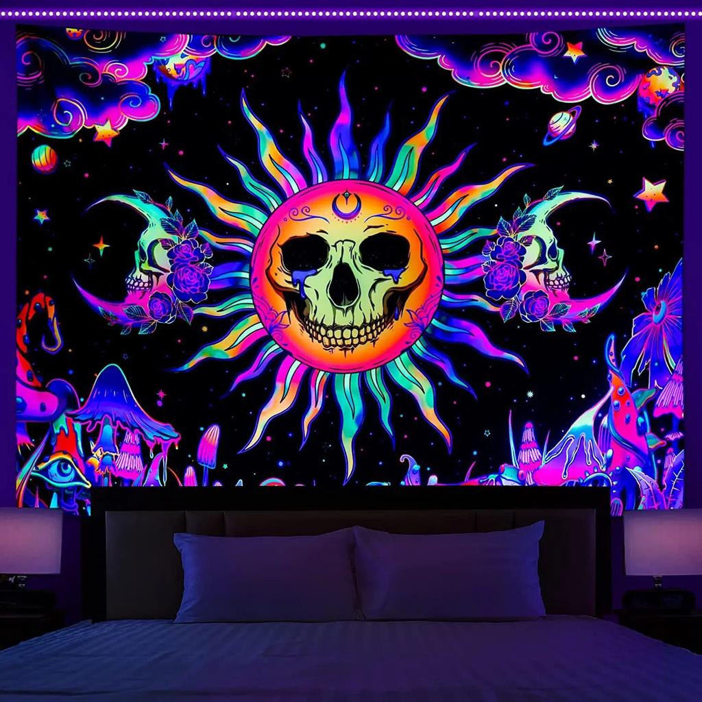 Психоделический черный свет череп голова флуоресцентный гобелен УФ-реактивные гобелены настенный хиппи триповый домашний декор