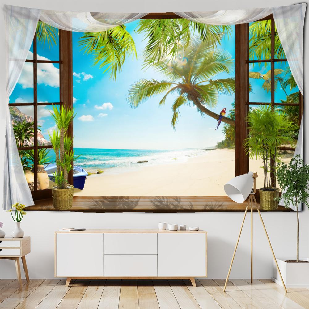 Scenery Tapestry Hanging On the Wall Outside the Window with Bohemian Style Curtains and Mandala Room Decoration Tapestry