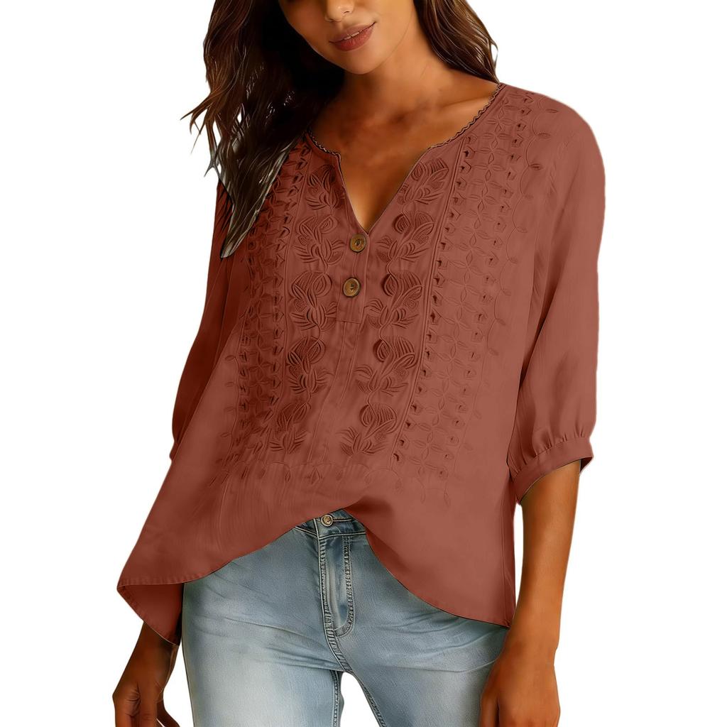 Women's Casual O-Neck Button Down Shirt Color 3/4 Sleeve Hem Split Cotton Blouse