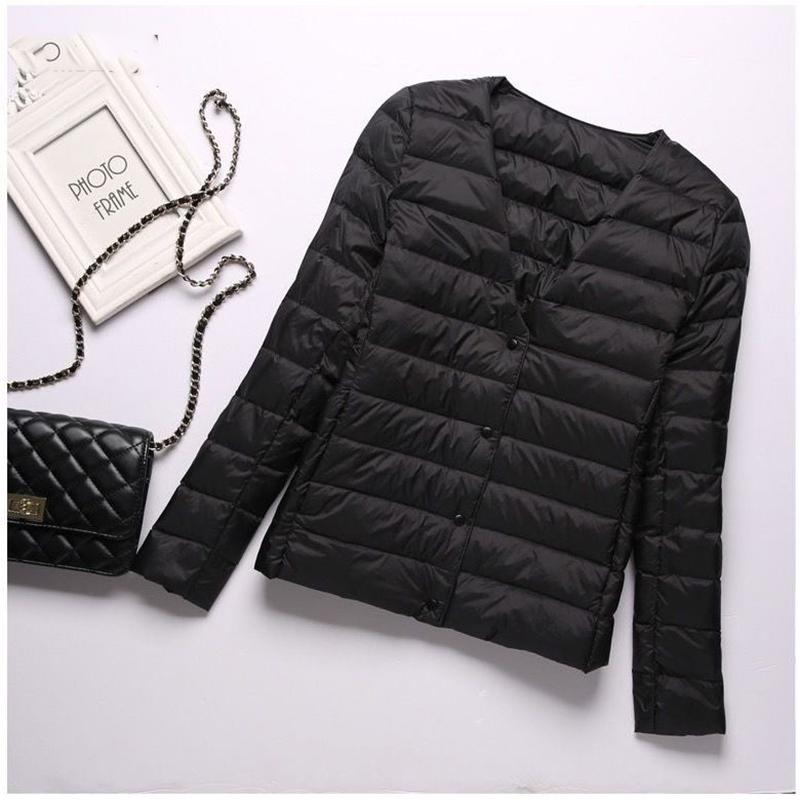 Белый утиный пух, легкий тонкий пуховик, женский круглый вырез, короткая секция, без воротника, осенне-зимняя теплая куртка большого размера с внутренней стороны