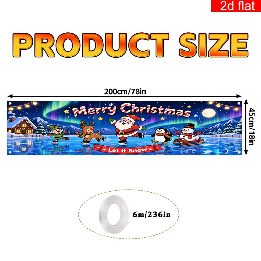Merry Christmas Yard Sign Party Banner, Santa Claus Reindeer Penguin Snowman Ice Skating Pattern, Polyester Outdoor Fence Decoration