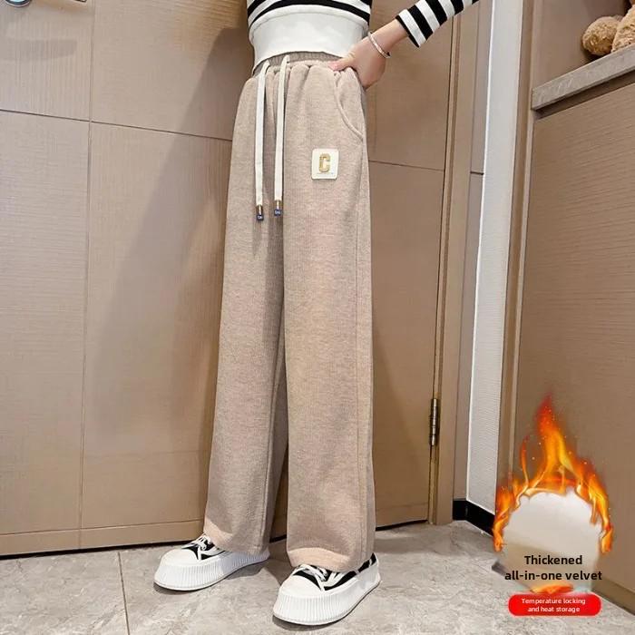 Утепленная верхняя одежда на флисовой подкладке для девочек, брюки повседневного покроя, универсальные детские брюки, новинка 2024 года, весна/осень