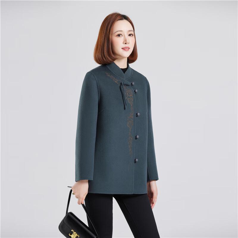 Fengxun Women's New Chinese Style Double-faced Wool Short Coat with Stand Collar