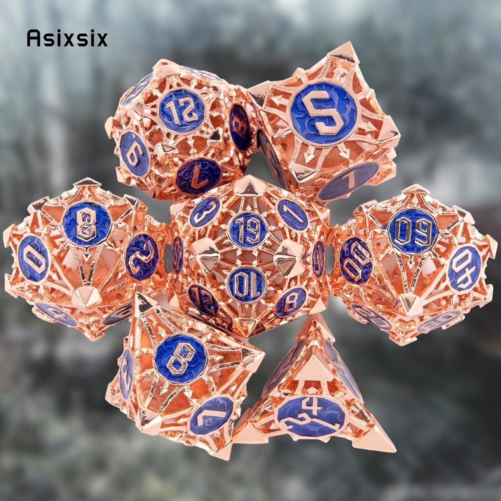 7 шт. оранжево-синие металлические кубики, набор полых металлических многогранных кубиков, подходящий для ролевой ролевой игры, настольной игры, карточной игры