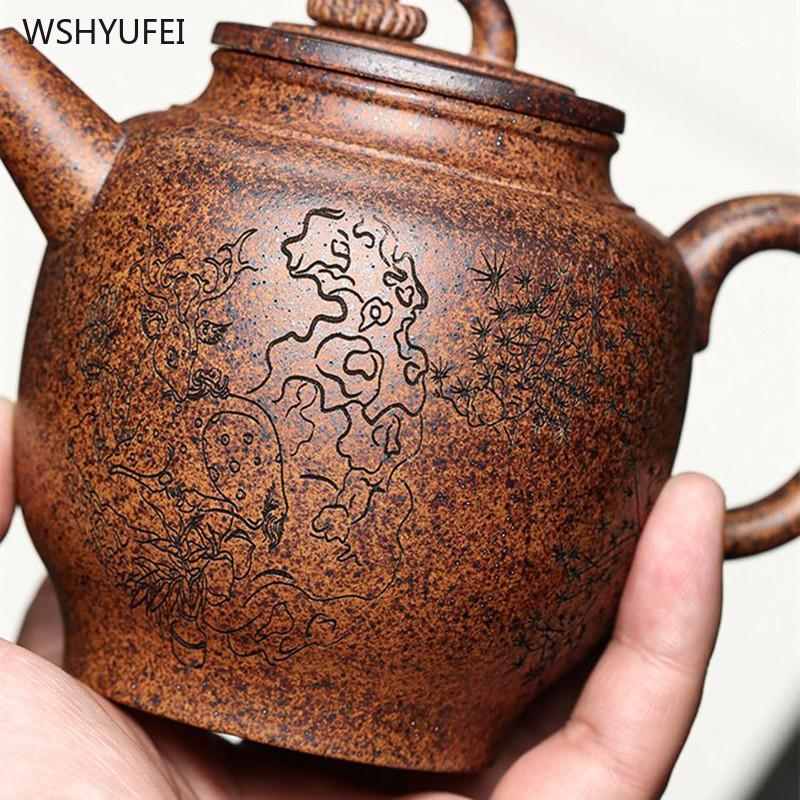 Чайник из фиолетовой глины Исин, гравированный чайник, оригинальный чайник из фиолетовой глины ручной работы, 300 мл, чай Кунг-фу, 1 шт.