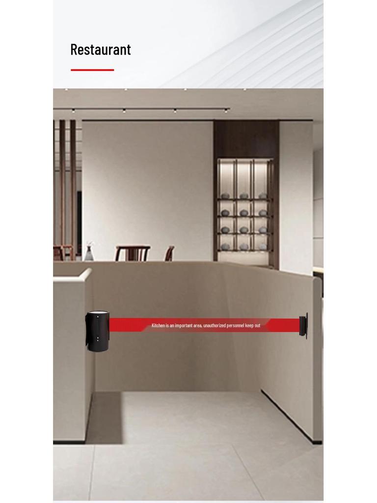 Wall-Mounted Stainless Steel Retractable Queue Barrier with Railing and Warning Tape