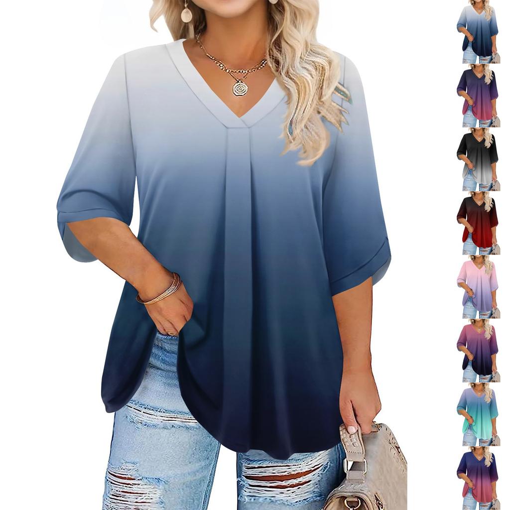 Women's Fashion Large Size Print V-Neck Three-quarter Sleeve Top
