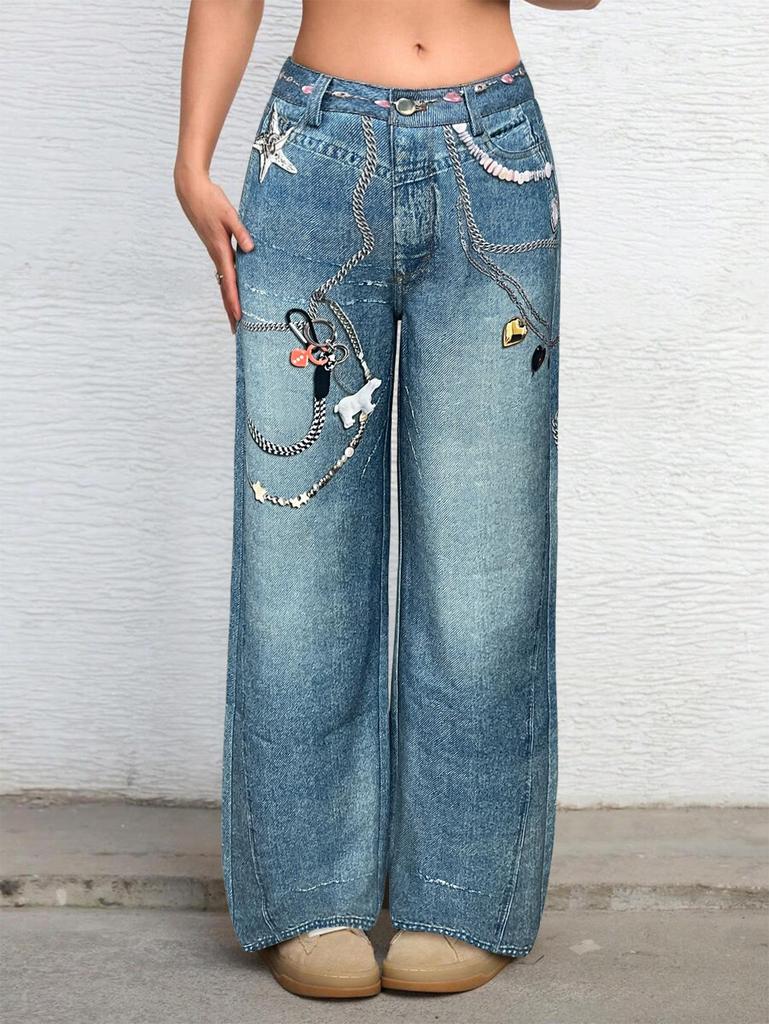 Women's Summer Loose Wide-Leg Jeans with Chain Detail N012