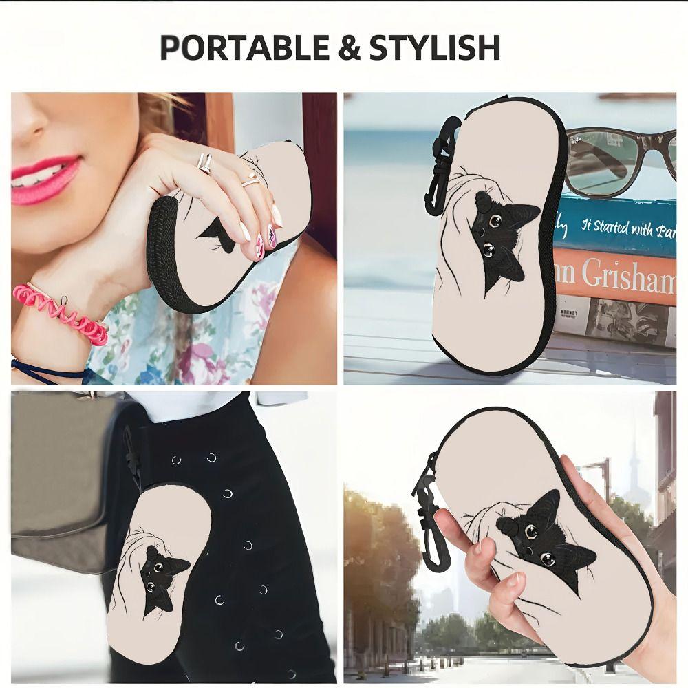 Nylon Sunglasses Storage Bag Solid Color with Keyring Hanging Sunglasses Cat Pattern Durable Sunglasses Pouch