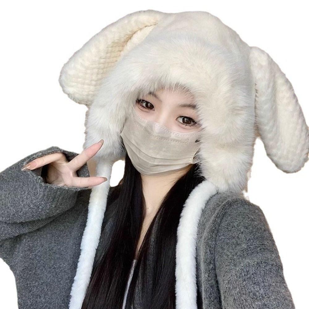 Winter Plush Ear Protection Hat Warm Bucket Hat New Big Rabbit Ears Hat Women