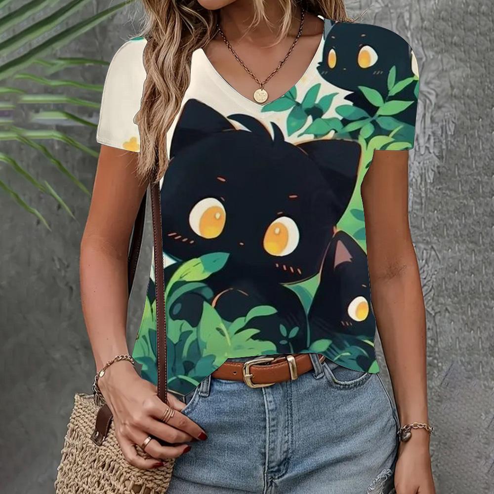 Летняя женская одежда Футболка Повседневная Свободная футболка с коротким рукавом с рисунком кота и комиксами Модная одежда с V-образным вырезом Элегантная женская футболка