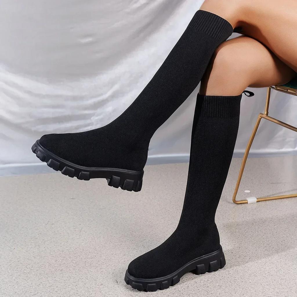 Thick Sole Knitted Long Boots for Women Elastic Socks Shoes Boots Over Knee Round Toe Low Heels Botas De Mujer 2024