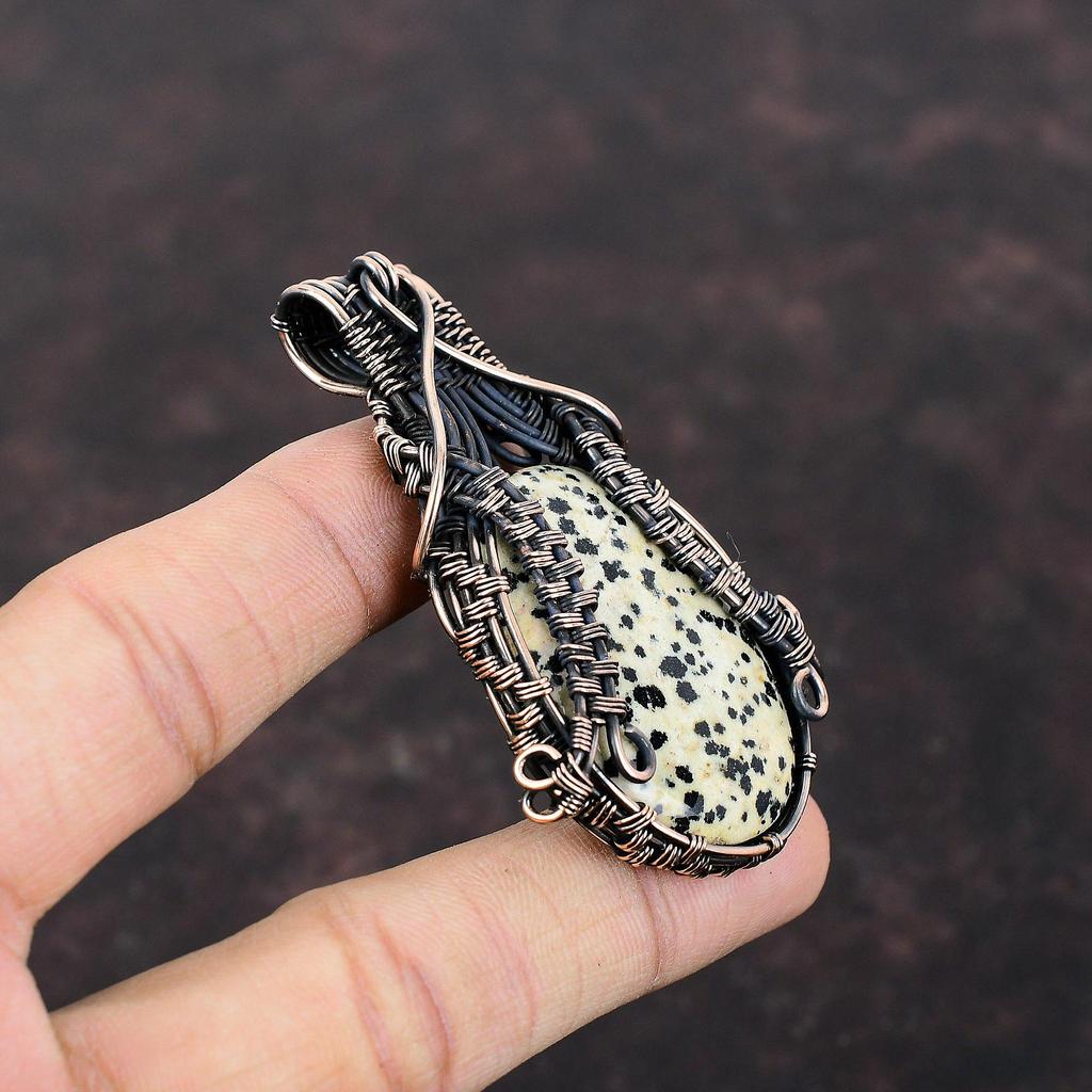 Подвеска из далматинской яшмы, обернутая медной проволокой, уникальная медная подвеска, ювелирные изделия ручной работы, обернутые проволокой, подарок для нее, подвеска из драгоценного камня