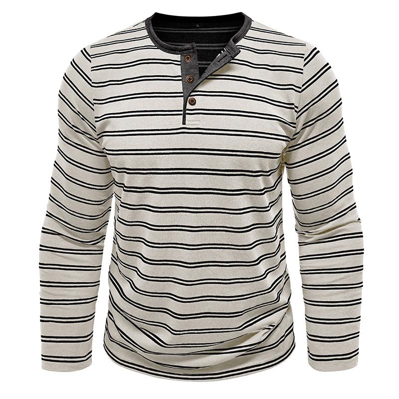 Casual Versatile Men's Autumn and Winter Long-sleeved T-shirt Fashionable Men's Striped Henry Shirt Three-button Top
