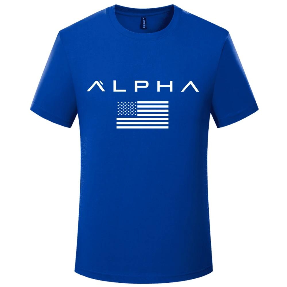 США АЛЬФА Новый тип мягкой футболки с круглым вырезом, повседневная футболка с коротким рукавом, мужская футболка-основа с горячей сверловкой, мужская куртка
