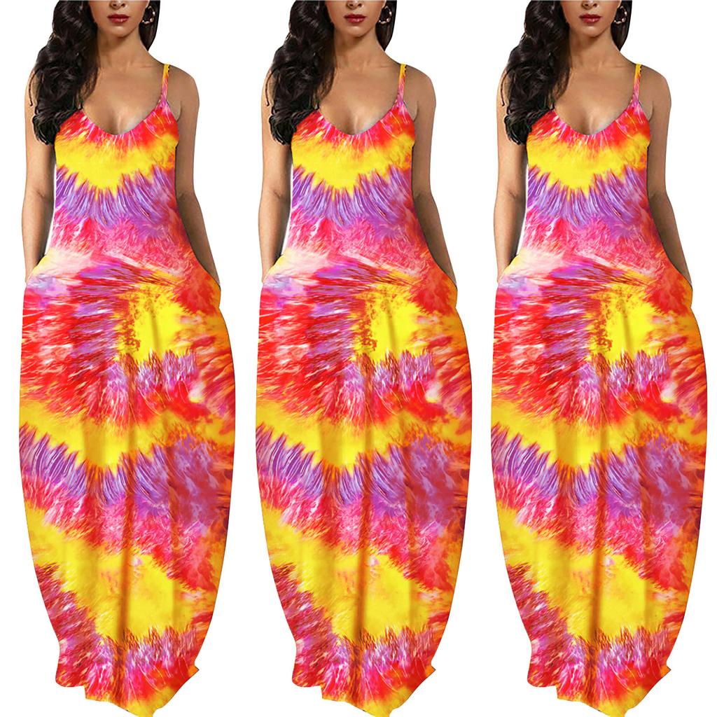 Women Gradient Tie-Dye Sleeveless V Neck Maxi Dress Sundress Beach Long Dres