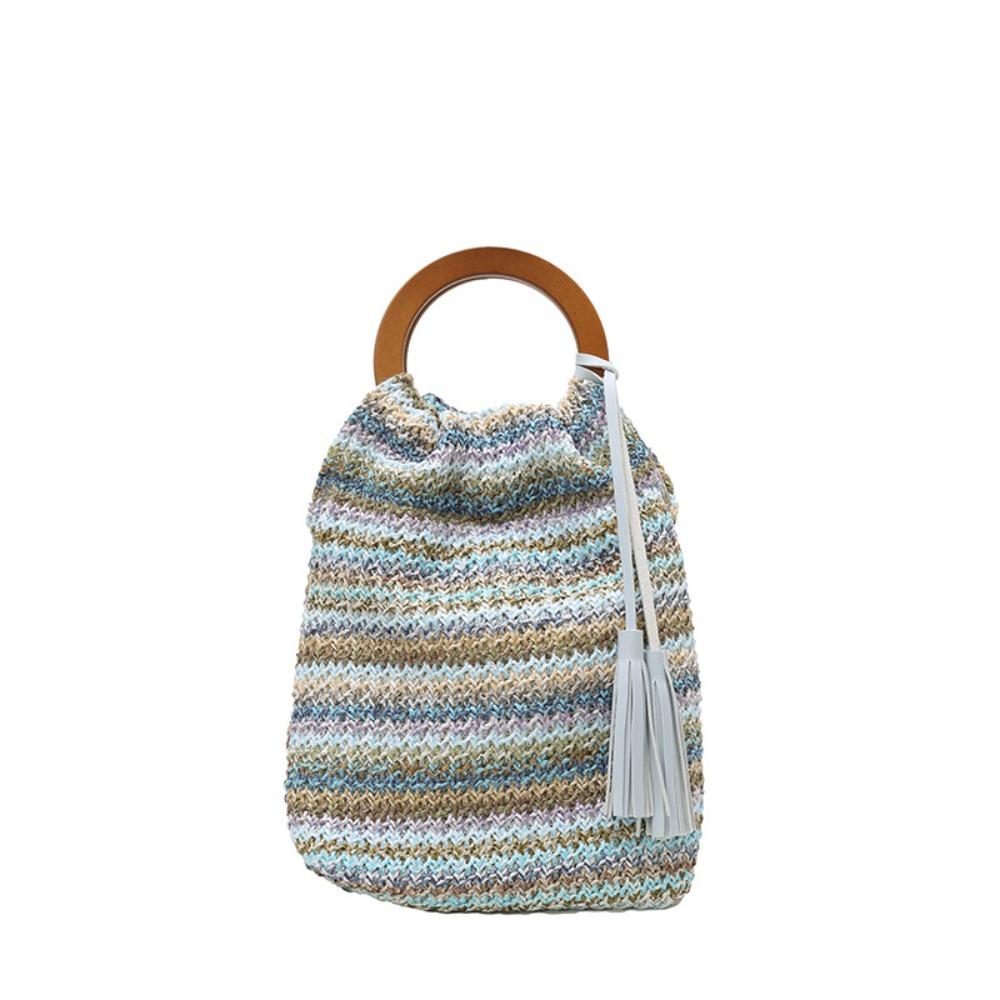 Hollow Out Rainbow Woven Handbag Bohemian Style Underarm Bag Simple Summer Bucket Bag  Holiday