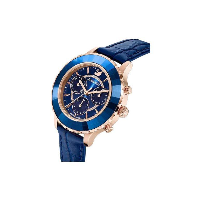 Swarovski Женские часы Octea Lux Chrono, кварцевый механизм, кожаный ремешок, синий циферблат 5563480