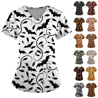 Плюс размерСкраб с принтом Рабочая форма Топы для женщин Крест V-образным вырезом Хэллоуин Принт с короткими рукавами Забавные футболки Спецодежда Футболка с карманами