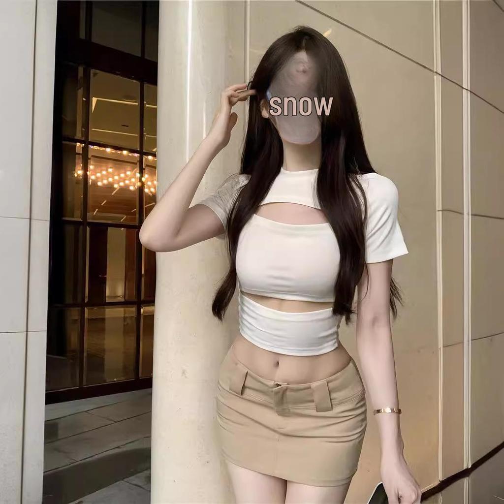 Women's Black Slim-Fit Short-Sleeved Hollow Sexy T-Shirt