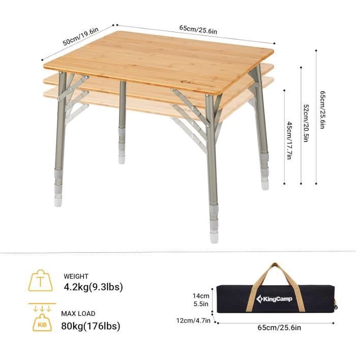 Table de camping pliante - kingcamp - bambou - hauteur ajustable - écologique - 65x50 cm