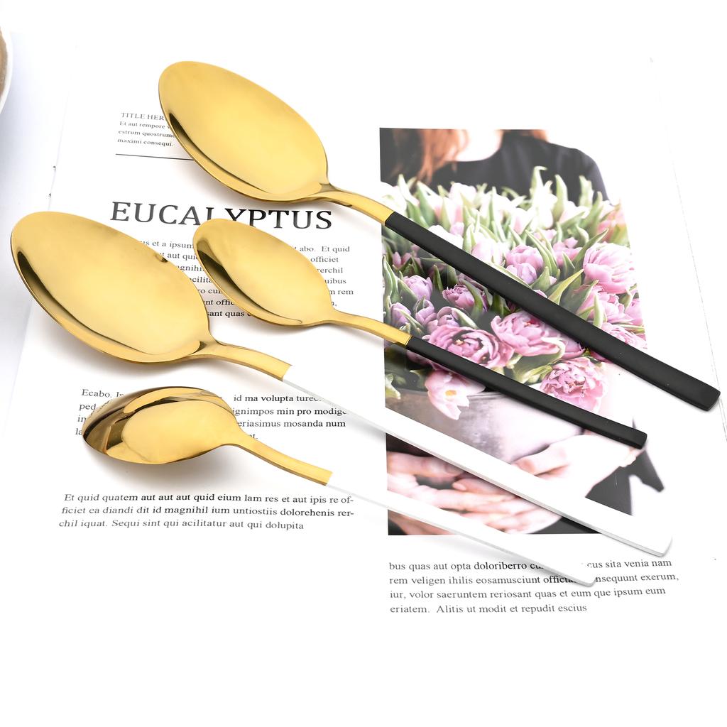 Jankng 16 шт. черные столовые приборы с золотой строчкой, набор посуды из нержавеющей стали, кухонный домашний набор столовых приборов в западном стиле, нож, вилка, ложки, набор посуды