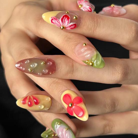 10Pcs 3D Floral Press-on Nails Thick Gel Design Summer French Fake Nails with Tip Artificial