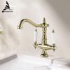 Basin Faucets Gold Brass Bathroom Faucets Industrial Style Sindle Hole Dual Handle Contemporary Water Mixer Tap  85537