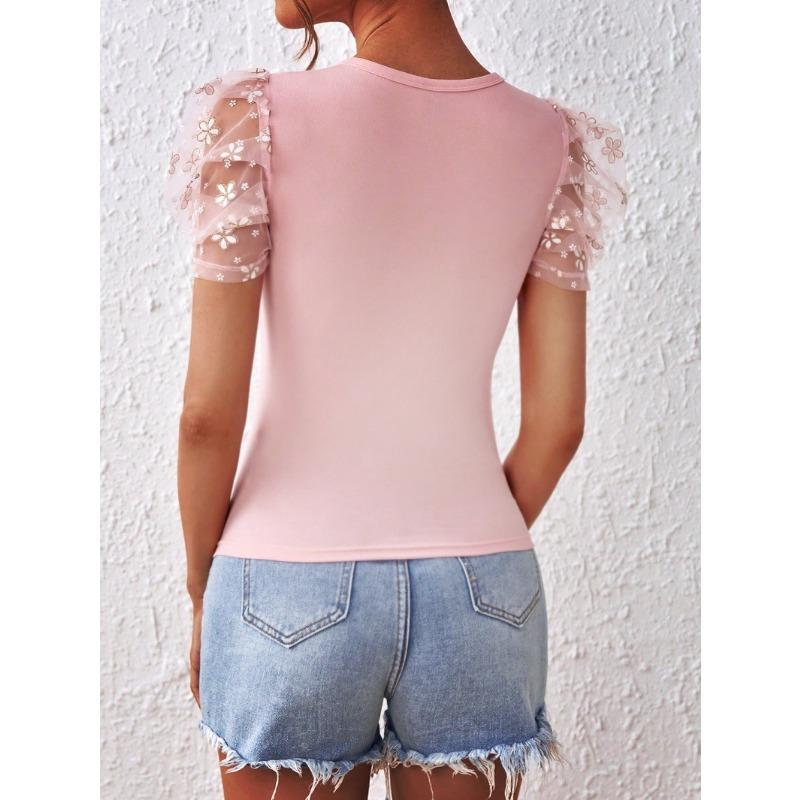 Женские модные повседневные летние весенние однотонные блузки и рубашки с короткими рукавами и круглым вырезом с принтом