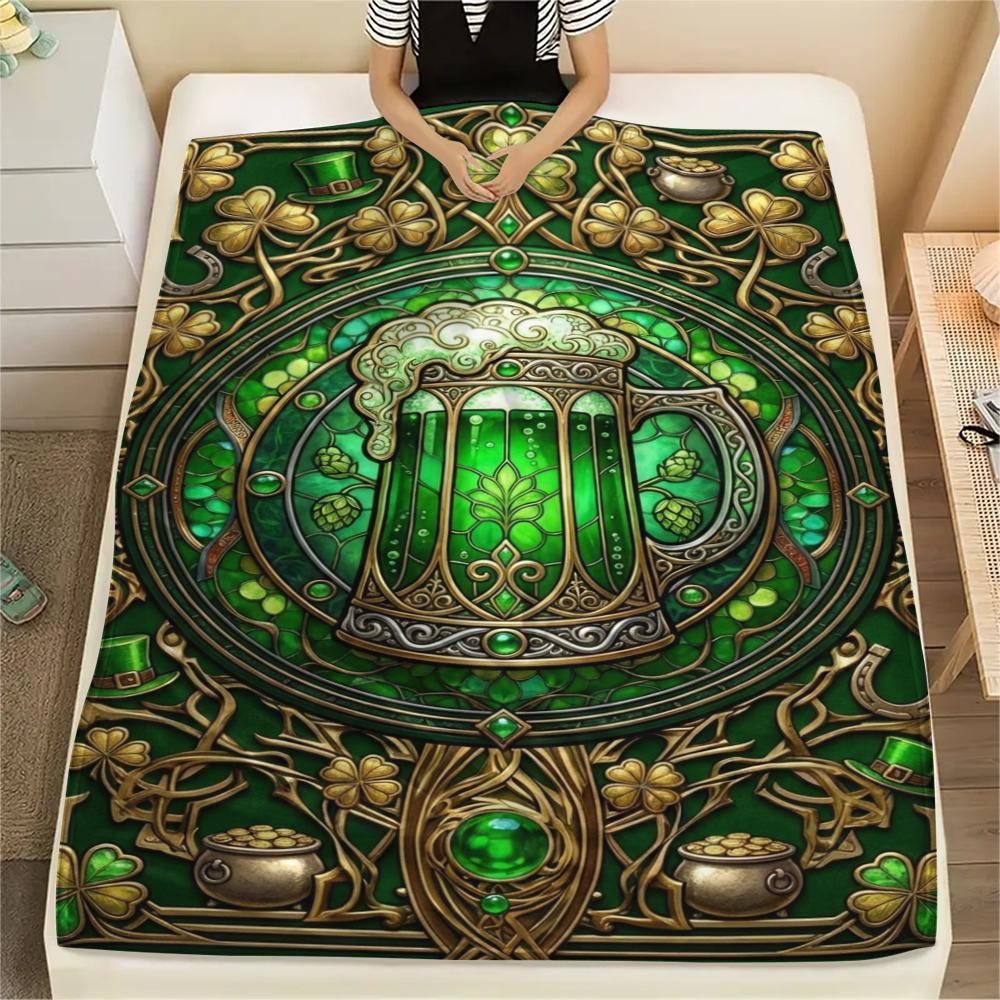 1Pc St.Patrick's Day Print Flannel Blanket, High quality Comfortable for All Seasons, Home Decor, Warmth and Comfort, Perfect for Christmas Gifts W73