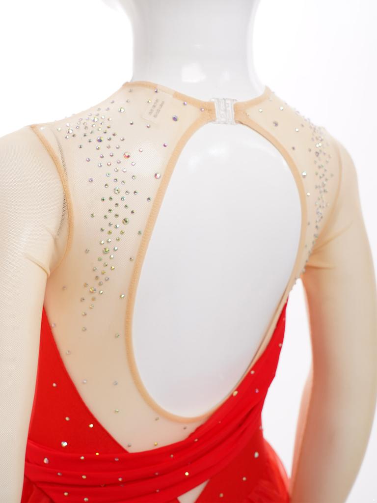 Платье для фигурного катания с блестками и стразами, с длинным рукавом, из прозрачной сетки, с вырезом на спине, лирический костюм для выступлений