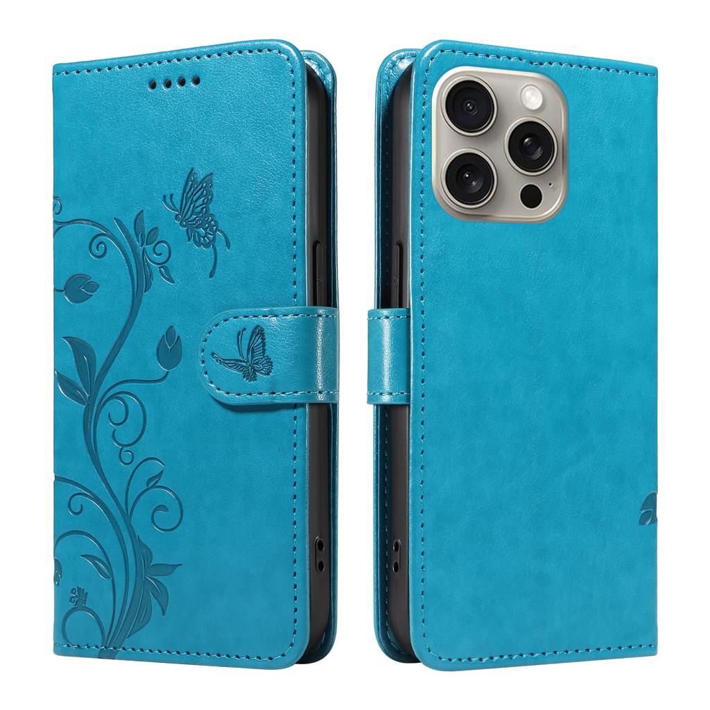 For iPhone 15 Pro Max PU Leather Cases Flower Pattern Wallet Stand Phone Cover with Strap