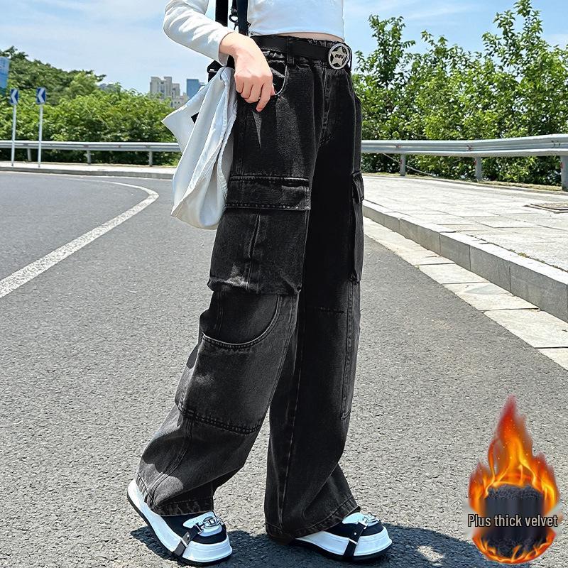 Джинсы карго на флисовой подкладке для девочек, зима 2025