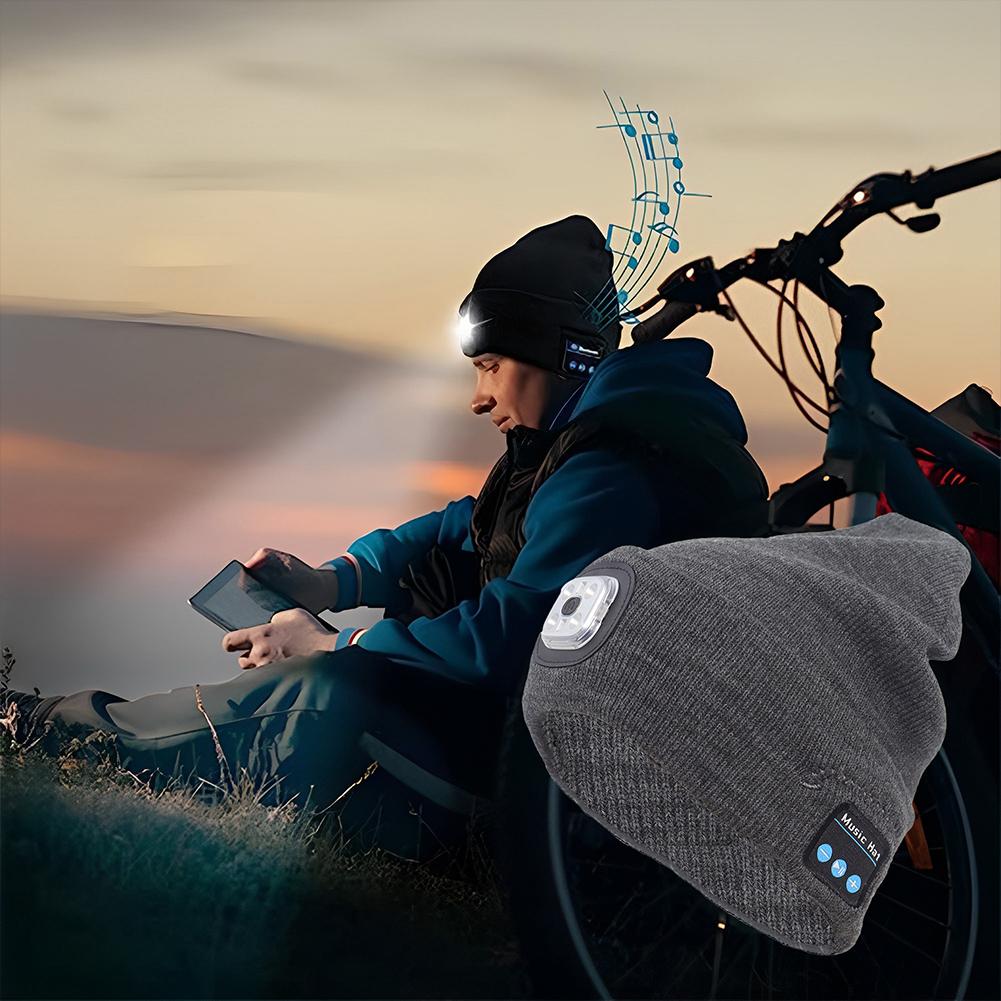 Шапка-бини с Bluetooth 5.2 и фонариком, перезаряжаемая через USB, светодиодная налобная фара с беспроводными наушниками, музыкальный плеер, светодиодная шапка