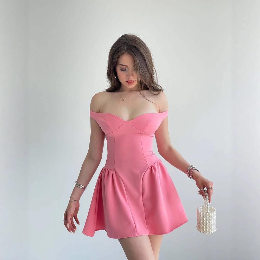 2025 Лето Европейское и Американское Женское Платье на Одно Плечо Сексуальное Подчеркивающее Талию Однотонное