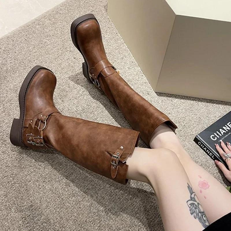 Women's Platform High Knight Boots Chunky Heels Buckle Woman Vintage Fashion Casual Luxury Designer Western Mid Calf Cowboy Boot