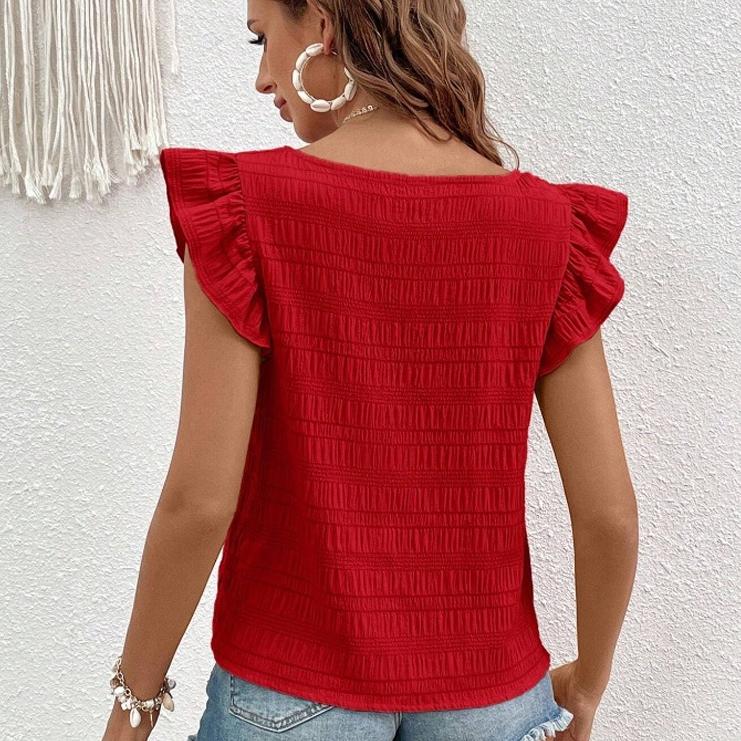 Женская футболка Летняя Повседневная с коротким рукавом Весенне-летняя Новинка Квадратный вырез Рубашка с рюшами Топ