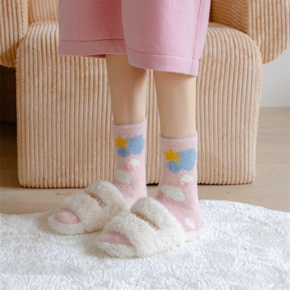 Keep Warm Mink Velvet Socks Flower Heart Pattern Winter Socks Sweet Middle Tube Sock Ladies