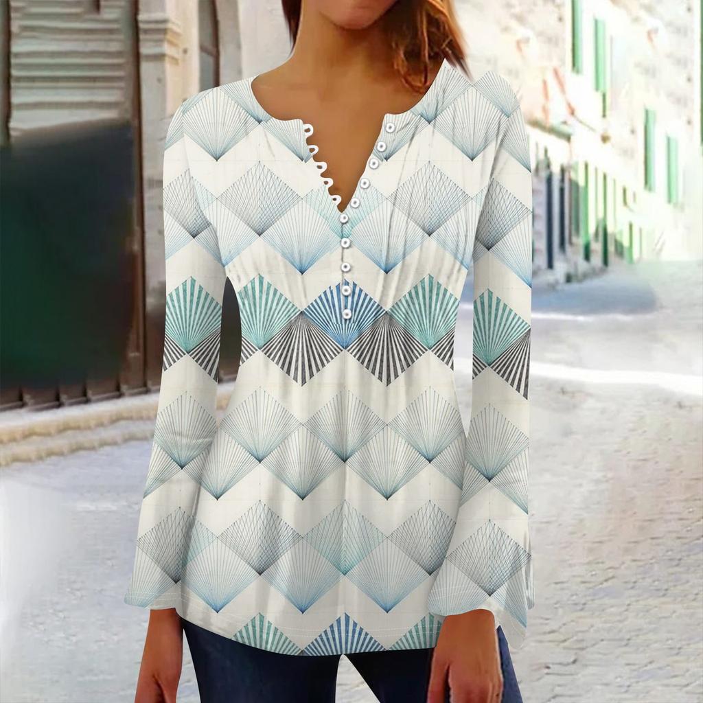 Женская плиссированная футболка на пуговицах с v-образным вырезом и длинными рукавами с цветочным принтом, топы