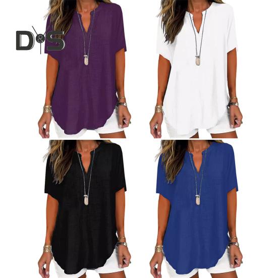 Женская рубашка с V-образным вырезом, коротким рукавом, свободный крой, повседневная рубашка, однотонная эластичная футболка, повседневная одежда