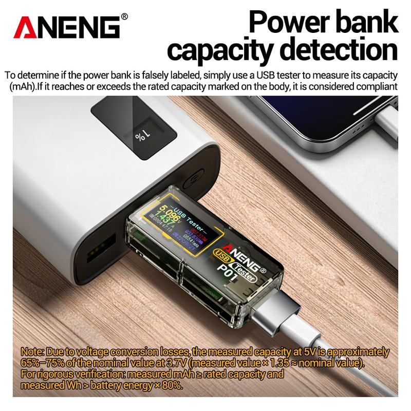 Цифровой вольтметр-амперметр ANENG P01 USB-тестер 4В-30В Емкость Энергия Температура Детектор быстрой мощности