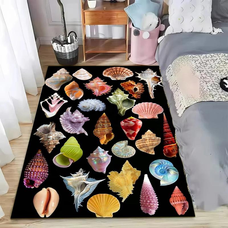 Black Ocean Seashells Carpet Mat Rug Home Decoration Living Room Shell Marine Life Pattern Non Slip Soft Floor Mat Bedroom Decor