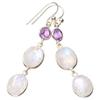StarGems® Natural Rainbow Moonstone And Amethyst Handmade 925 Sterling Silver Earrings 2" D6521