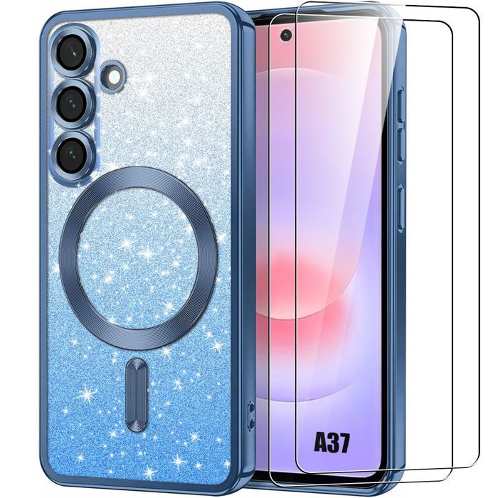 Coque pour Samsung Galaxy A37 5G, TPU avec Cercle Magnétique - Bleu Scintillant - 2 Verres Trempés