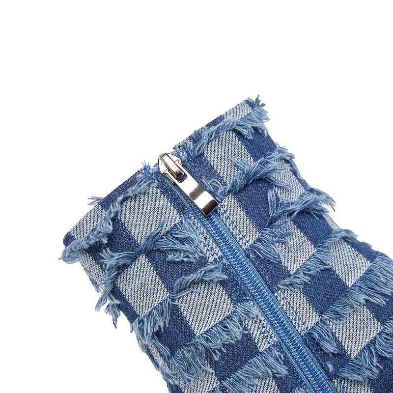 Модные новые джинсовые туфли-лодочки на высоком каблуке с острым носком в клетку, женские ботфорты оверсайз, короткие ботинки 44 45 46