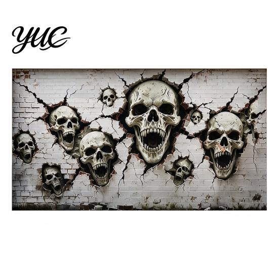 Outdoor Holiday Party Supplies Halloween Garage Door Cover, Large 3D Illusion Skeleton Breaking Through Wall Banner, Waterproof Polyester Banner