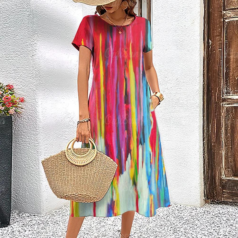 Летние платья с короткими рукавами, стильная женская одежда с контрастными цветами, длинное платье с принтом 3D Tie-Dye, женская одежда, свободный свитер с круглым вырезом