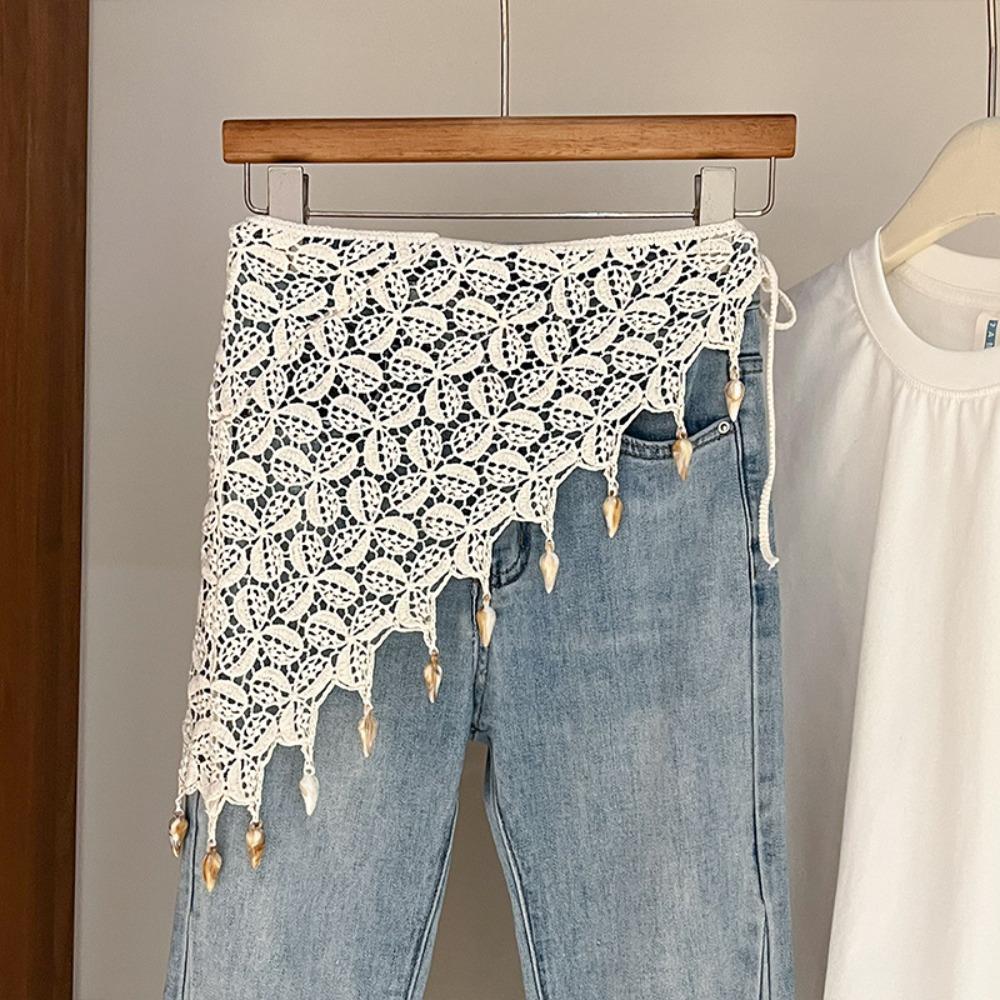 Bohemian Tassel Knitted Triangle Scarf Countryside Style Ethnic Style Crochet Flower Scarves Clothes Decoration White