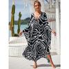 Plus Size Boho Cover Up, Women's Plus Painting Print Bat Sleeve V Neck Split Hem Maxi Cover Up Dress