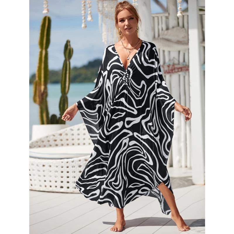 Plus Size Boho Cover Up, Women's Plus Painting Print Bat Sleeve V Neck Split Hem Maxi Cover Up Dress